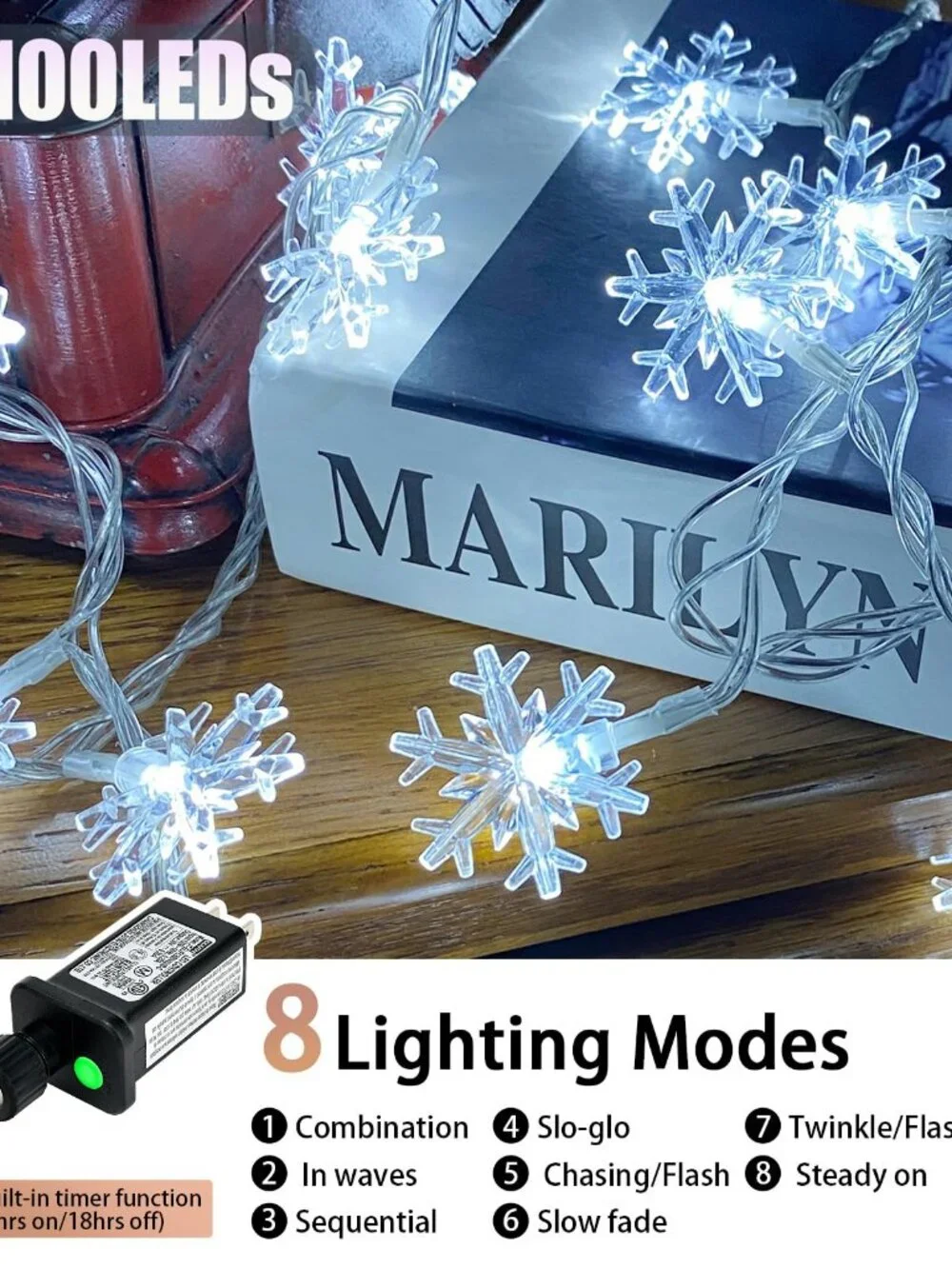100 LED Snowflake Lights 32ft Plug in Christmas String Lights 8 Modes White